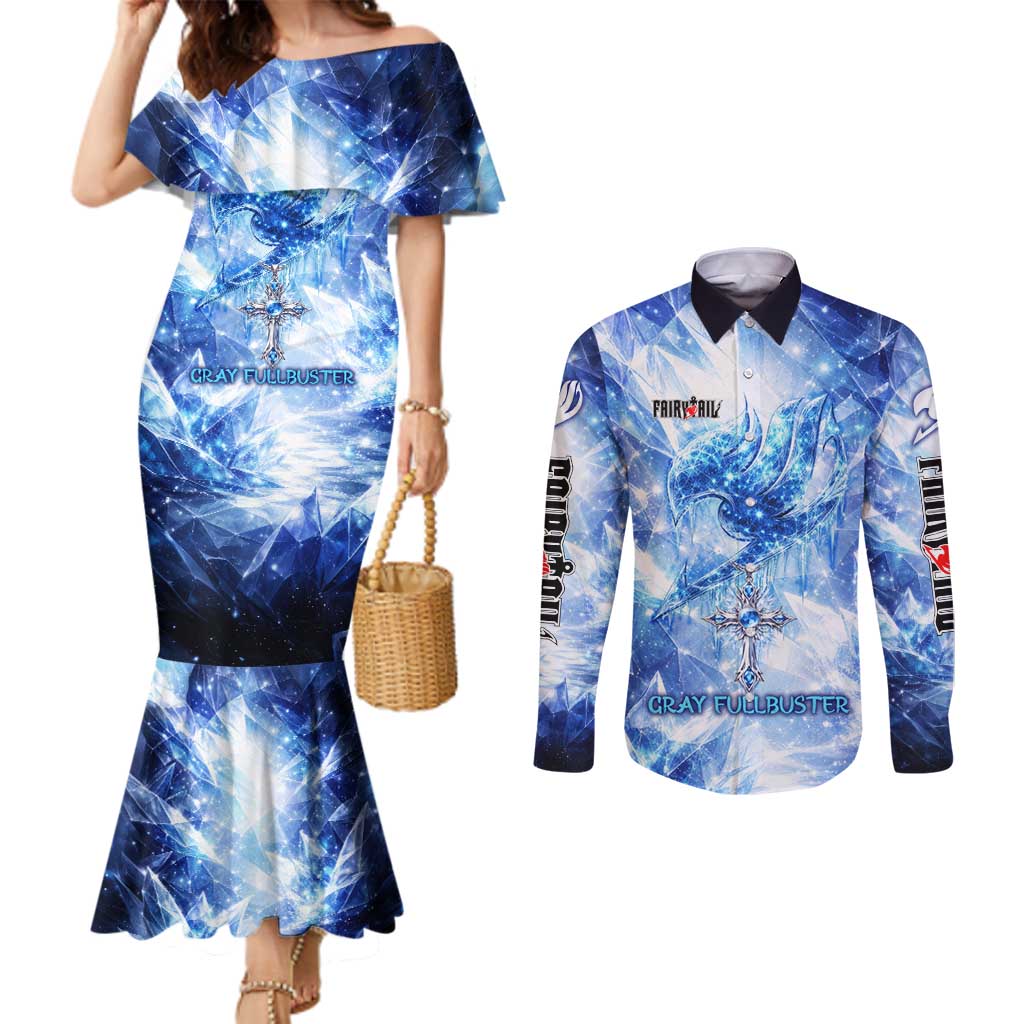 Gray Fullbuster Fairy Tail Couples Matching Mermaid Dress and Long Sleeve Button Shirt Ice Magic Anime Style with Crystal Freeze Motif