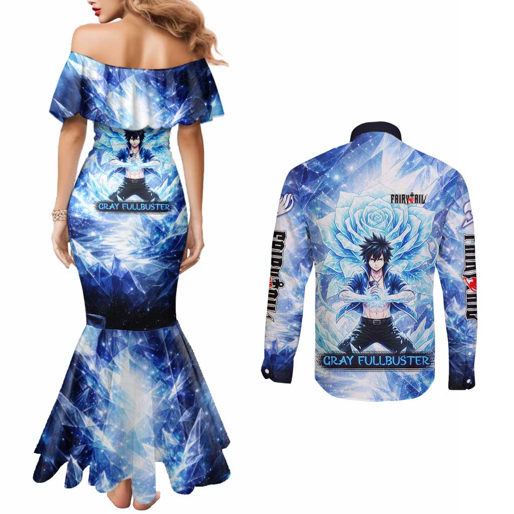 Gray Fullbuster Fairy Tail Couples Matching Mermaid Dress and Long Sleeve Button Shirt Ice Magic Anime Style with Crystal Freeze Motif
