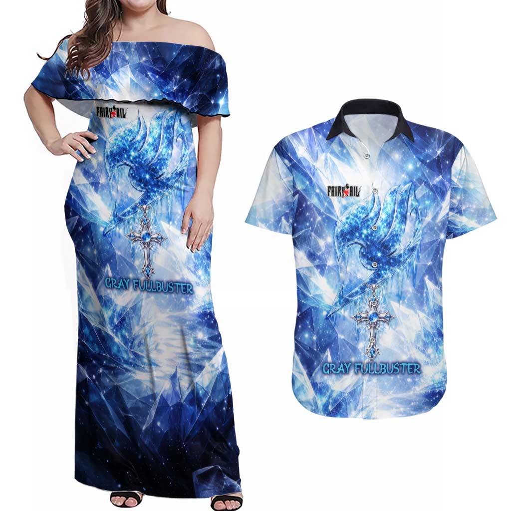 Gray Fullbuster Fairy Tail Couples Matching Off Shoulder Maxi Dress and Hawaiian Shirt Ice Magic Anime Style with Crystal Freeze Motif