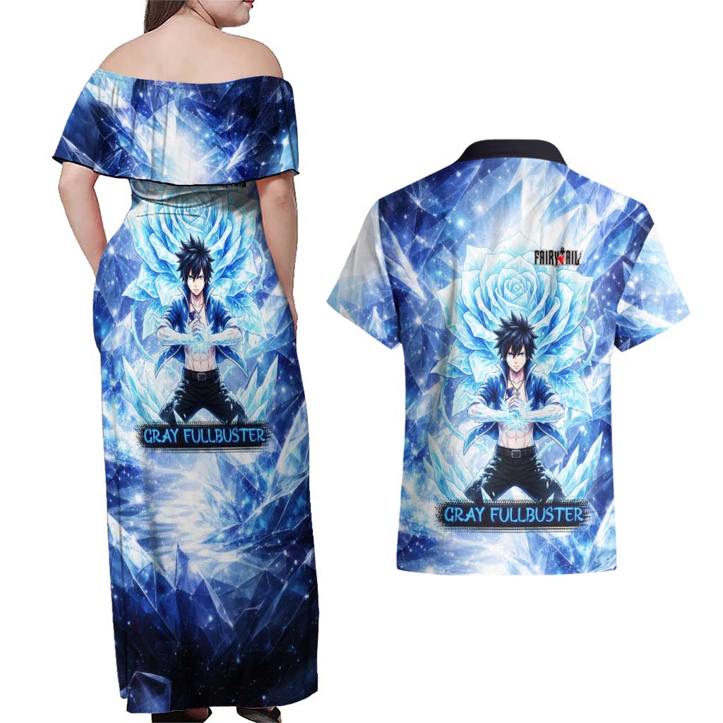 Gray Fullbuster Fairy Tail Couples Matching Off Shoulder Maxi Dress and Hawaiian Shirt Ice Magic Anime Style with Crystal Freeze Motif