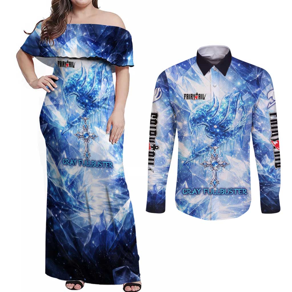 Gray Fullbuster Fairy Tail Couples Matching Off Shoulder Maxi Dress and Long Sleeve Button Shirt Ice Magic Anime Style with Crystal Freeze Motif