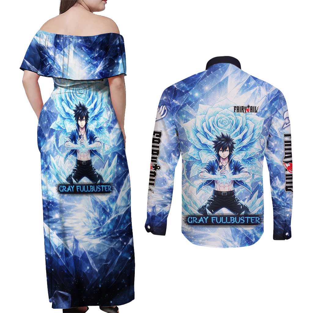 Gray Fullbuster Fairy Tail Couples Matching Off Shoulder Maxi Dress and Long Sleeve Button Shirt Ice Magic Anime Style with Crystal Freeze Motif