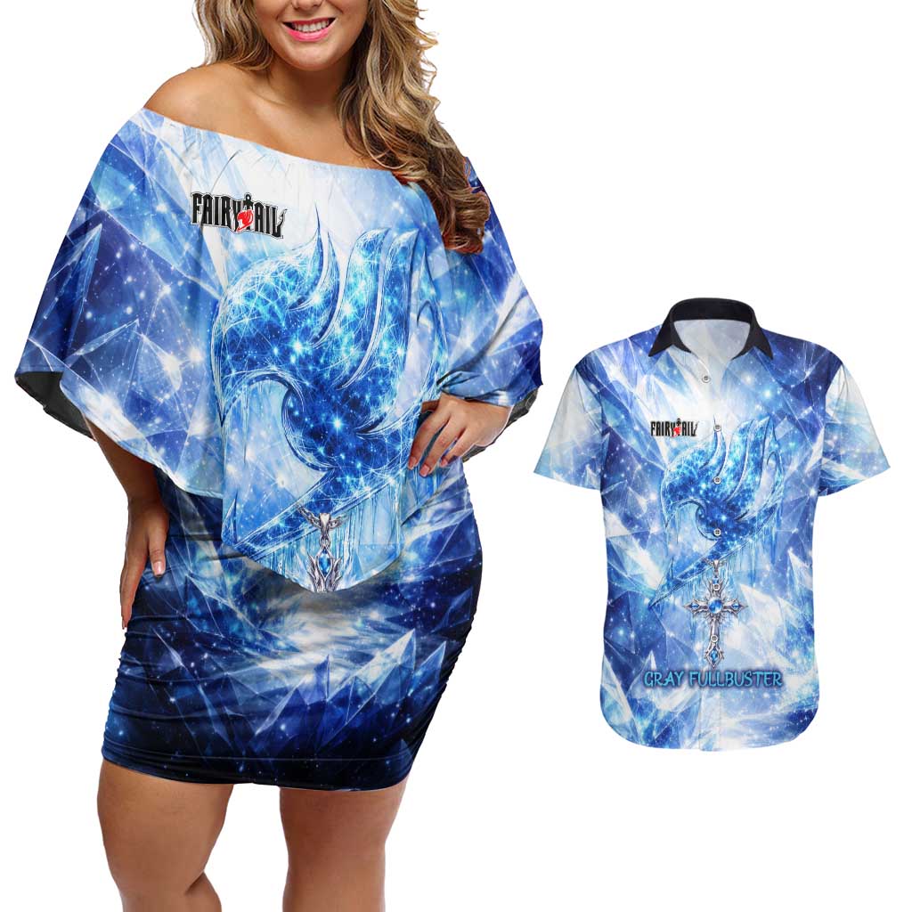Gray Fullbuster Fairy Tail Couples Matching Off Shoulder Short Dress and Hawaiian Shirt Ice Magic Anime Style with Crystal Freeze Motif