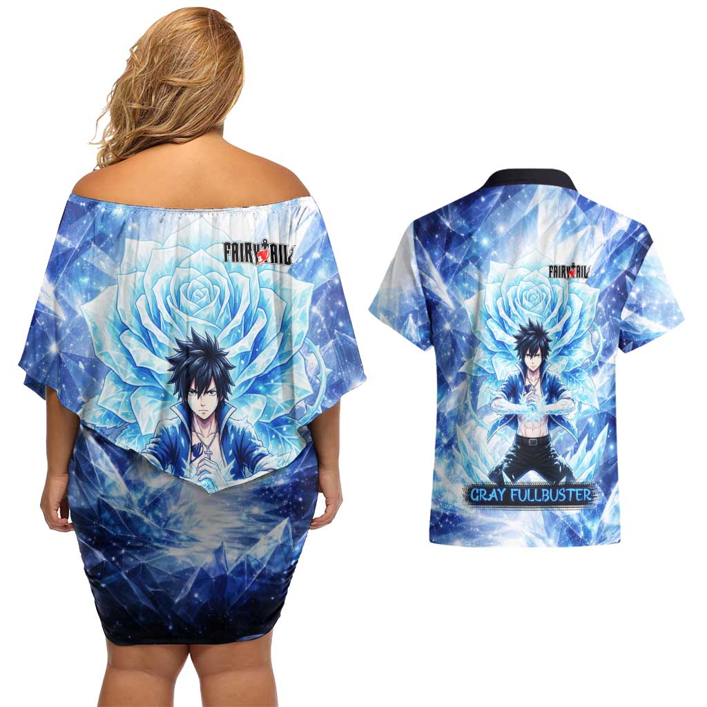 Gray Fullbuster Fairy Tail Couples Matching Off Shoulder Short Dress and Hawaiian Shirt Ice Magic Anime Style with Crystal Freeze Motif