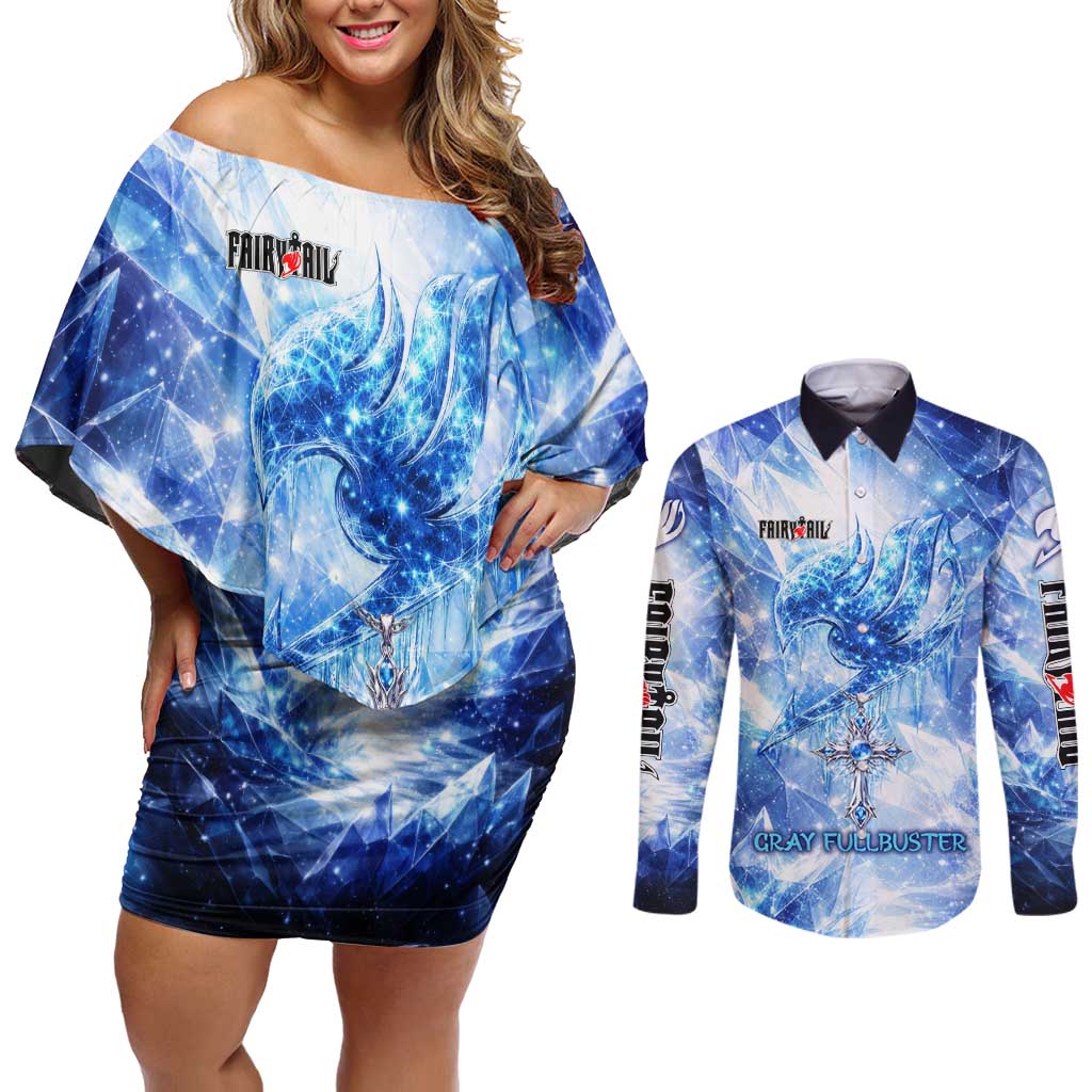 Gray Fullbuster Fairy Tail Couples Matching Off Shoulder Short Dress and Long Sleeve Button Shirt Ice Magic Anime Style with Crystal Freeze Motif