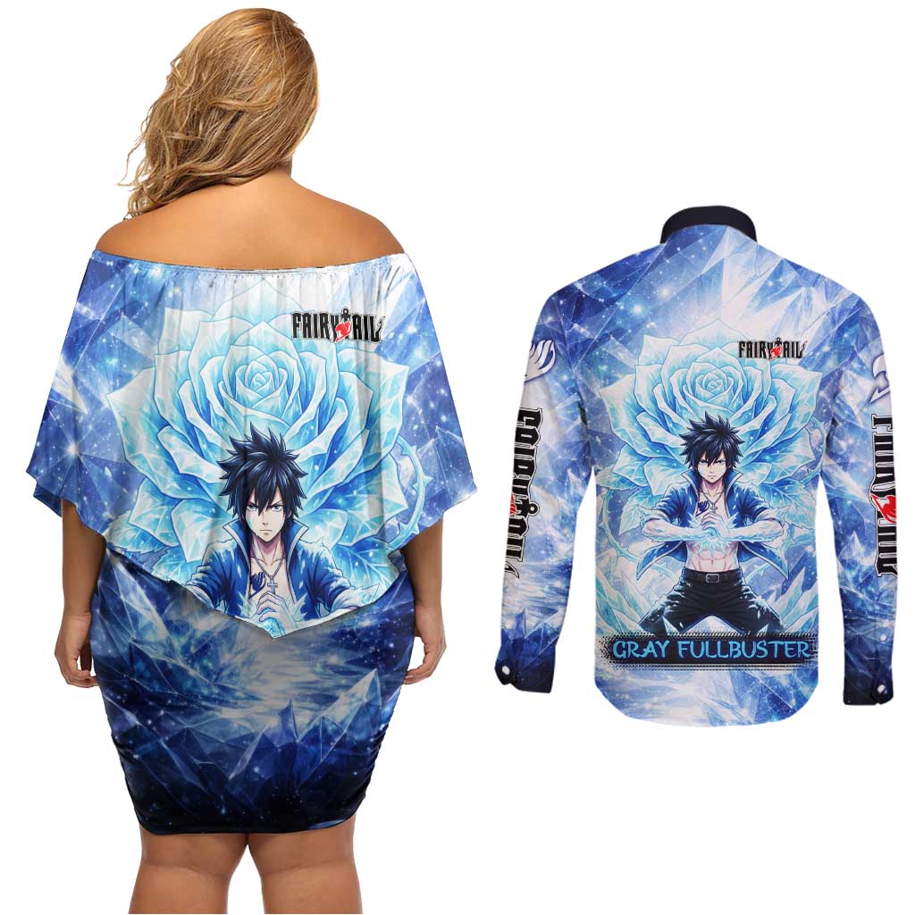 Gray Fullbuster Fairy Tail Couples Matching Off Shoulder Short Dress and Long Sleeve Button Shirt Ice Magic Anime Style with Crystal Freeze Motif