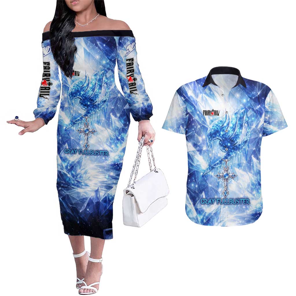 Gray Fullbuster Fairy Tail Couples Matching Off The Shoulder Long Sleeve Dress and Hawaiian Shirt Ice Magic Anime Style with Crystal Freeze Motif