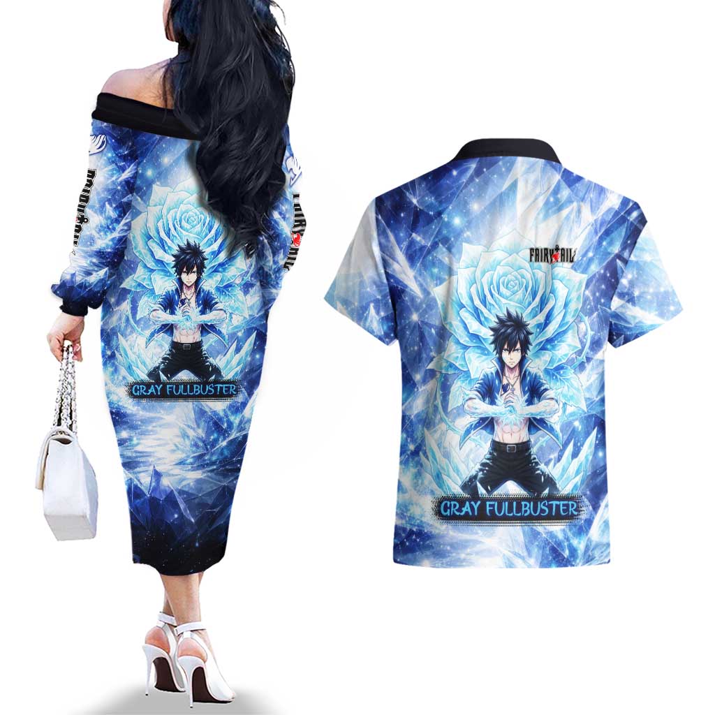 Gray Fullbuster Fairy Tail Couples Matching Off The Shoulder Long Sleeve Dress and Hawaiian Shirt Ice Magic Anime Style with Crystal Freeze Motif