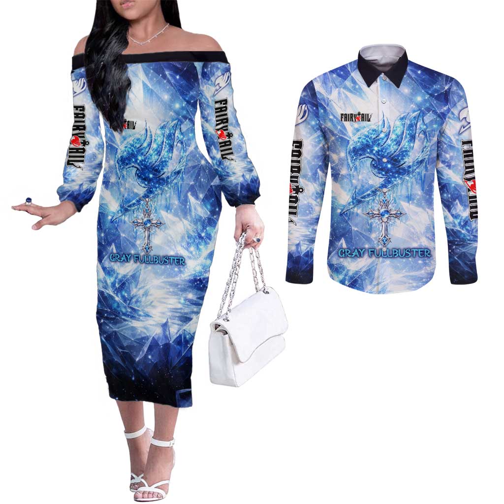 Gray Fullbuster Fairy Tail Couples Matching Off The Shoulder Long Sleeve Dress and Long Sleeve Button Shirt Ice Magic Anime Style with Crystal Freeze Motif