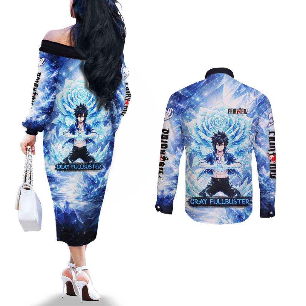 Gray Fullbuster Fairy Tail Couples Matching Off The Shoulder Long Sleeve Dress and Long Sleeve Button Shirt Ice Magic Anime Style with Crystal Freeze Motif