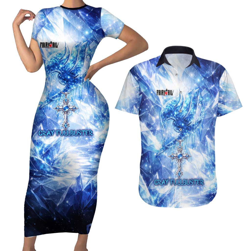 Gray Fullbuster Fairy Tail Couples Matching Short Sleeve Bodycon Dress and Hawaiian Shirt Ice Magic Anime Style with Crystal Freeze Motif