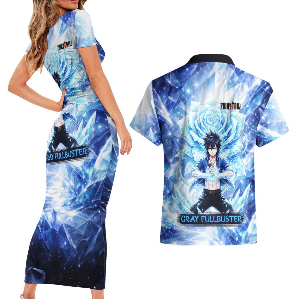 Gray Fullbuster Fairy Tail Couples Matching Short Sleeve Bodycon Dress and Hawaiian Shirt Ice Magic Anime Style with Crystal Freeze Motif