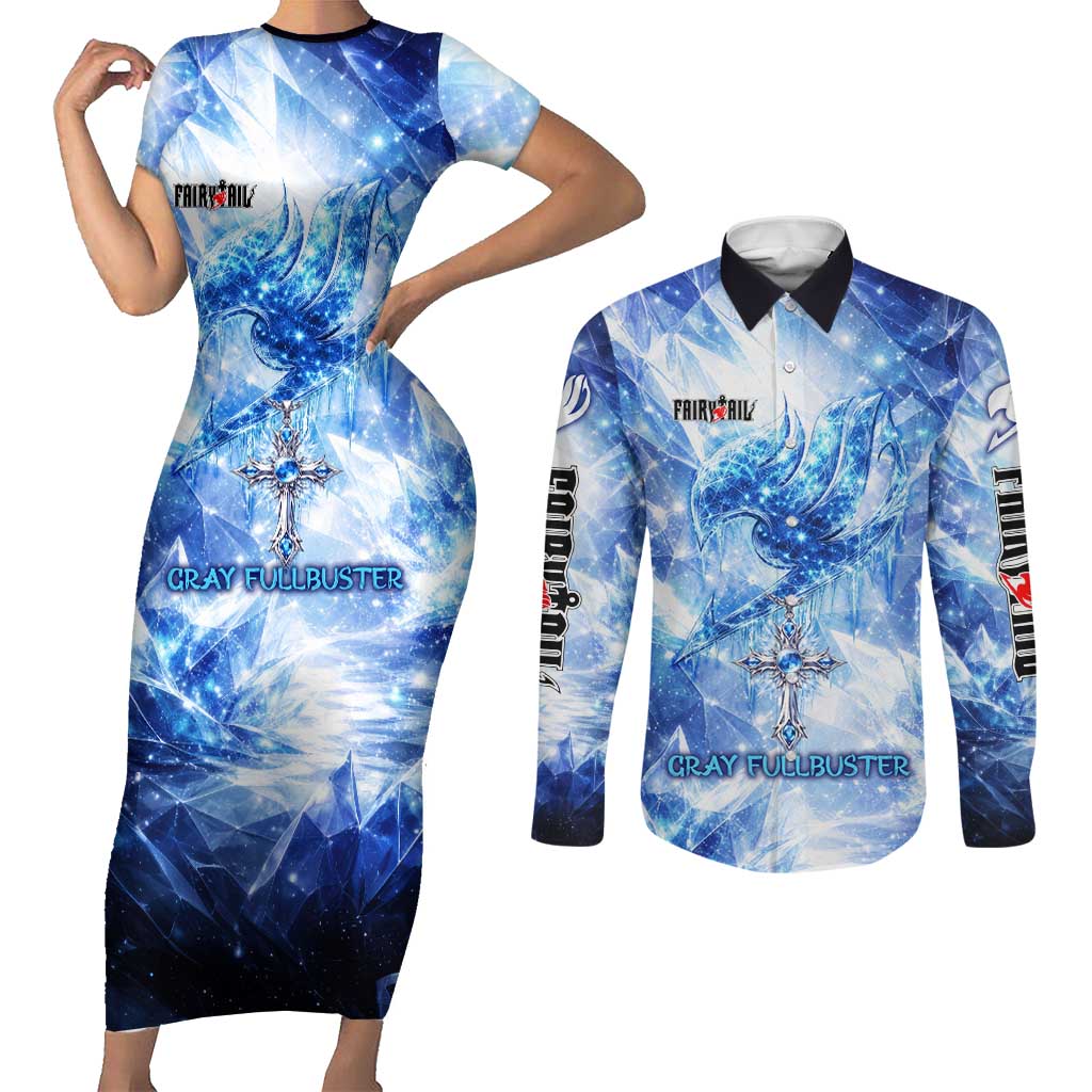 Gray Fullbuster Fairy Tail Couples Matching Short Sleeve Bodycon Dress and Long Sleeve Button Shirt Ice Magic Anime Style with Crystal Freeze Motif