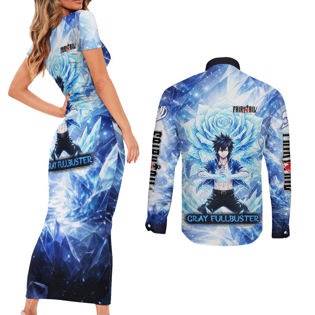 Gray Fullbuster Fairy Tail Couples Matching Short Sleeve Bodycon Dress and Long Sleeve Button Shirt Ice Magic Anime Style with Crystal Freeze Motif