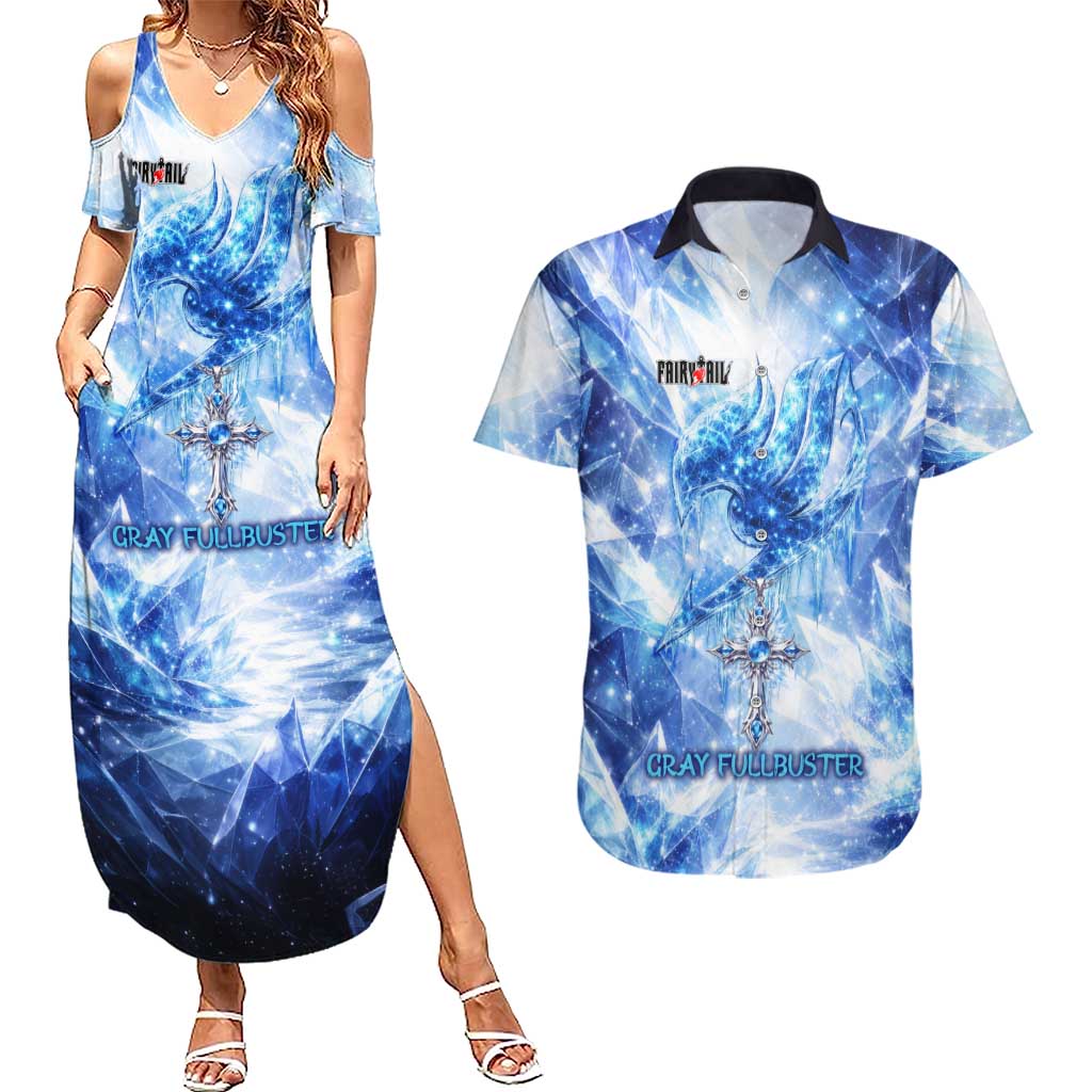 Gray Fullbuster Fairy Tail Couples Matching Summer Maxi Dress and Hawaiian Shirt Ice Magic Anime Style with Crystal Freeze Motif