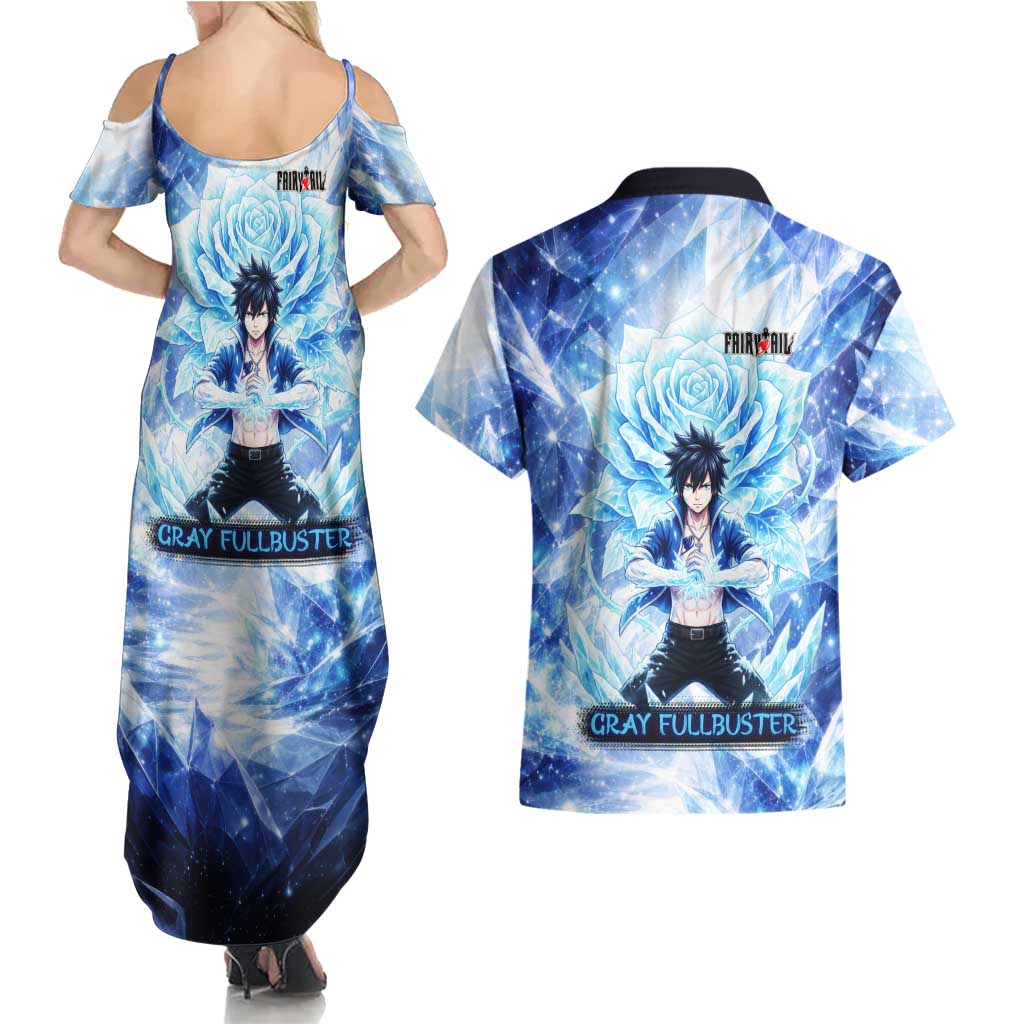 Gray Fullbuster Fairy Tail Couples Matching Summer Maxi Dress and Hawaiian Shirt Ice Magic Anime Style with Crystal Freeze Motif