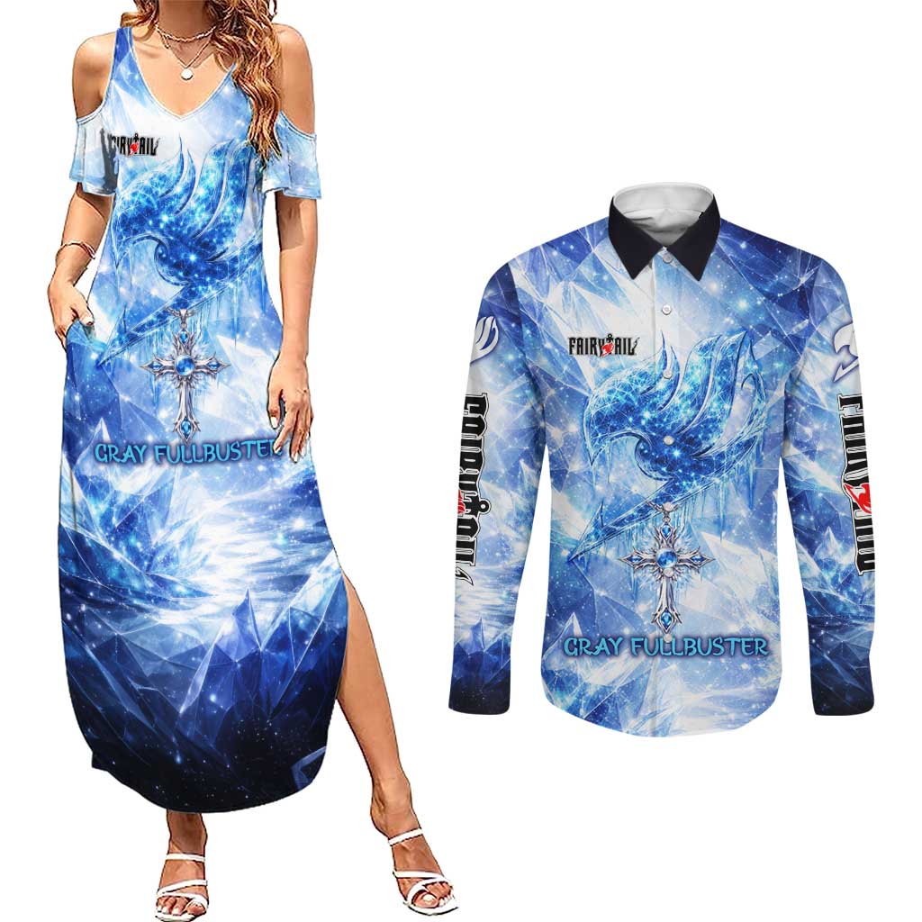 Gray Fullbuster Fairy Tail Couples Matching Summer Maxi Dress and Long Sleeve Button Shirt Ice Magic Anime Style with Crystal Freeze Motif