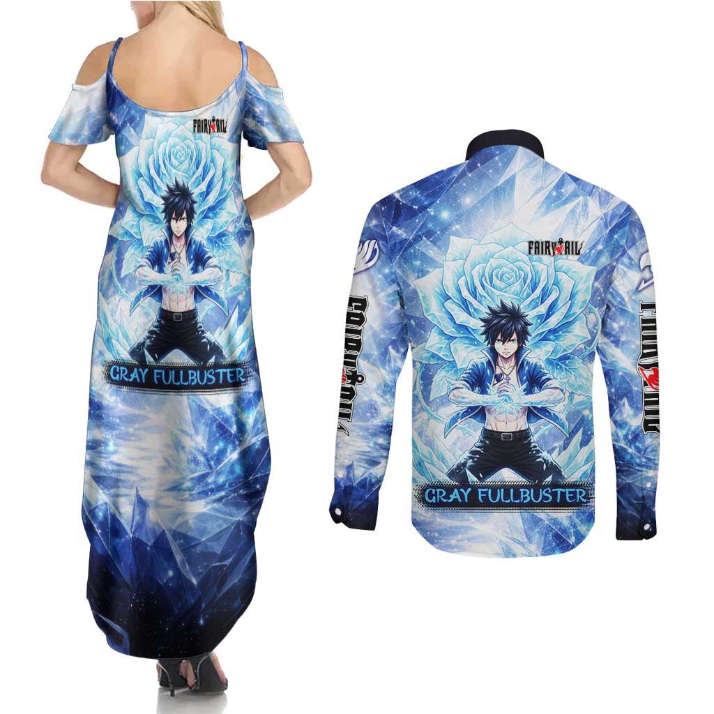 Gray Fullbuster Fairy Tail Couples Matching Summer Maxi Dress and Long Sleeve Button Shirt Ice Magic Anime Style with Crystal Freeze Motif