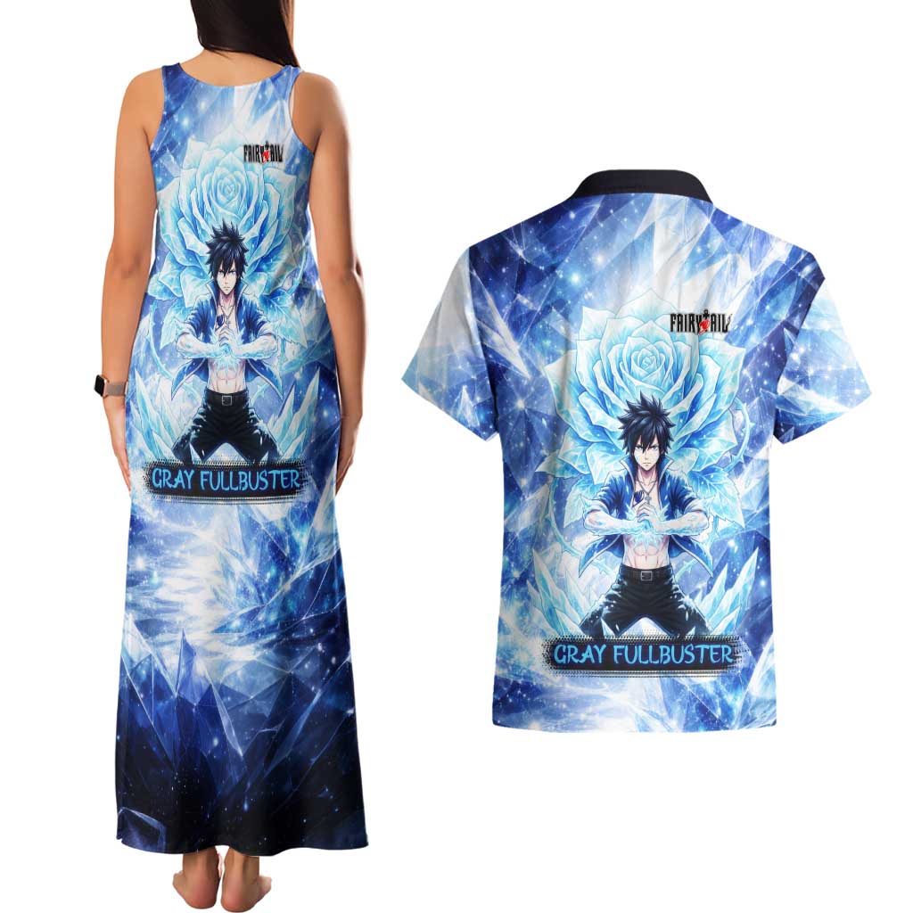 Gray Fullbuster Fairy Tail Couples Matching Tank Maxi Dress and Hawaiian Shirt Ice Magic Anime Style with Crystal Freeze Motif