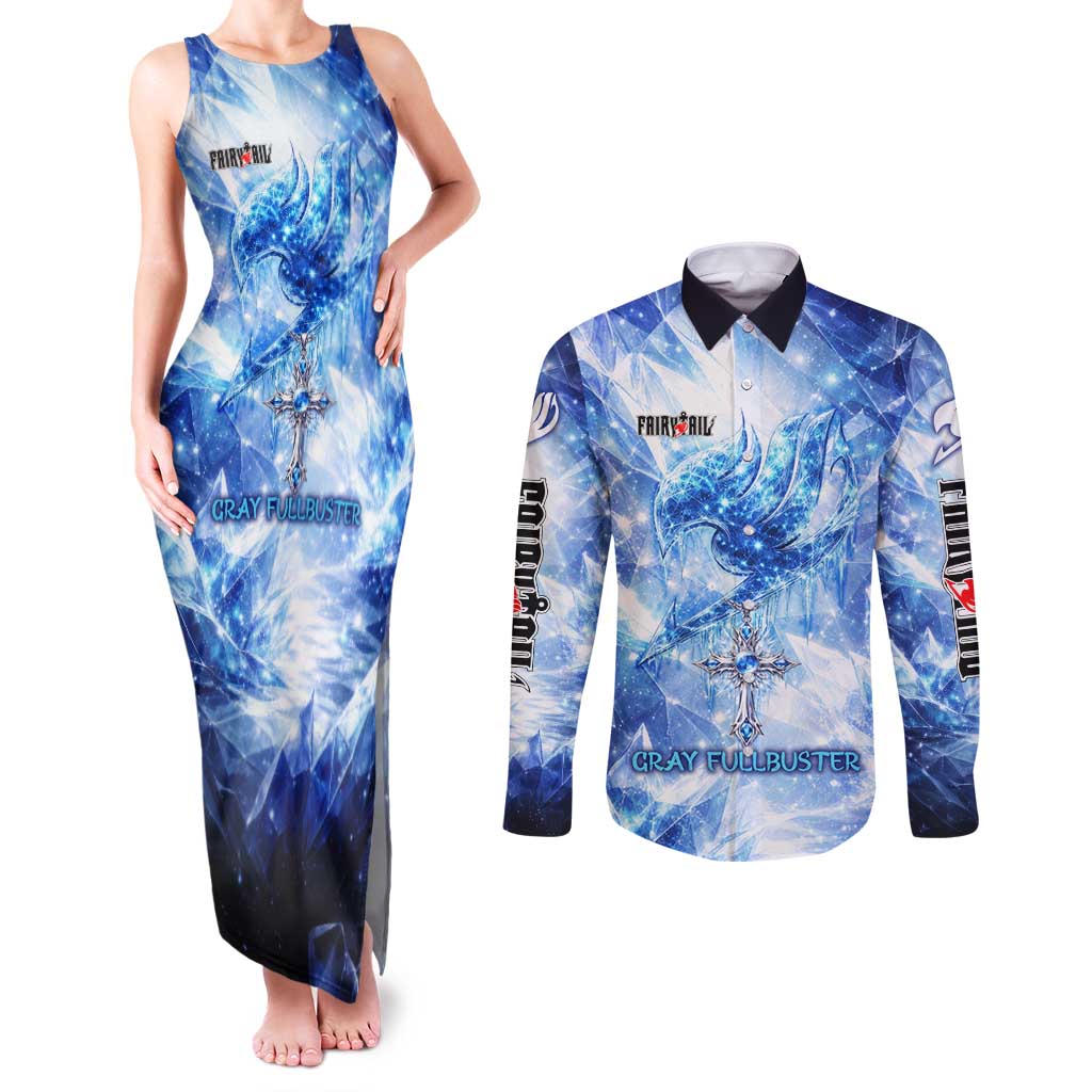Gray Fullbuster Fairy Tail Couples Matching Tank Maxi Dress and Long Sleeve Button Shirt Ice Magic Anime Style with Crystal Freeze Motif