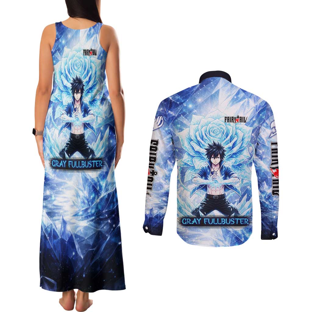 Gray Fullbuster Fairy Tail Couples Matching Tank Maxi Dress and Long Sleeve Button Shirt Ice Magic Anime Style with Crystal Freeze Motif