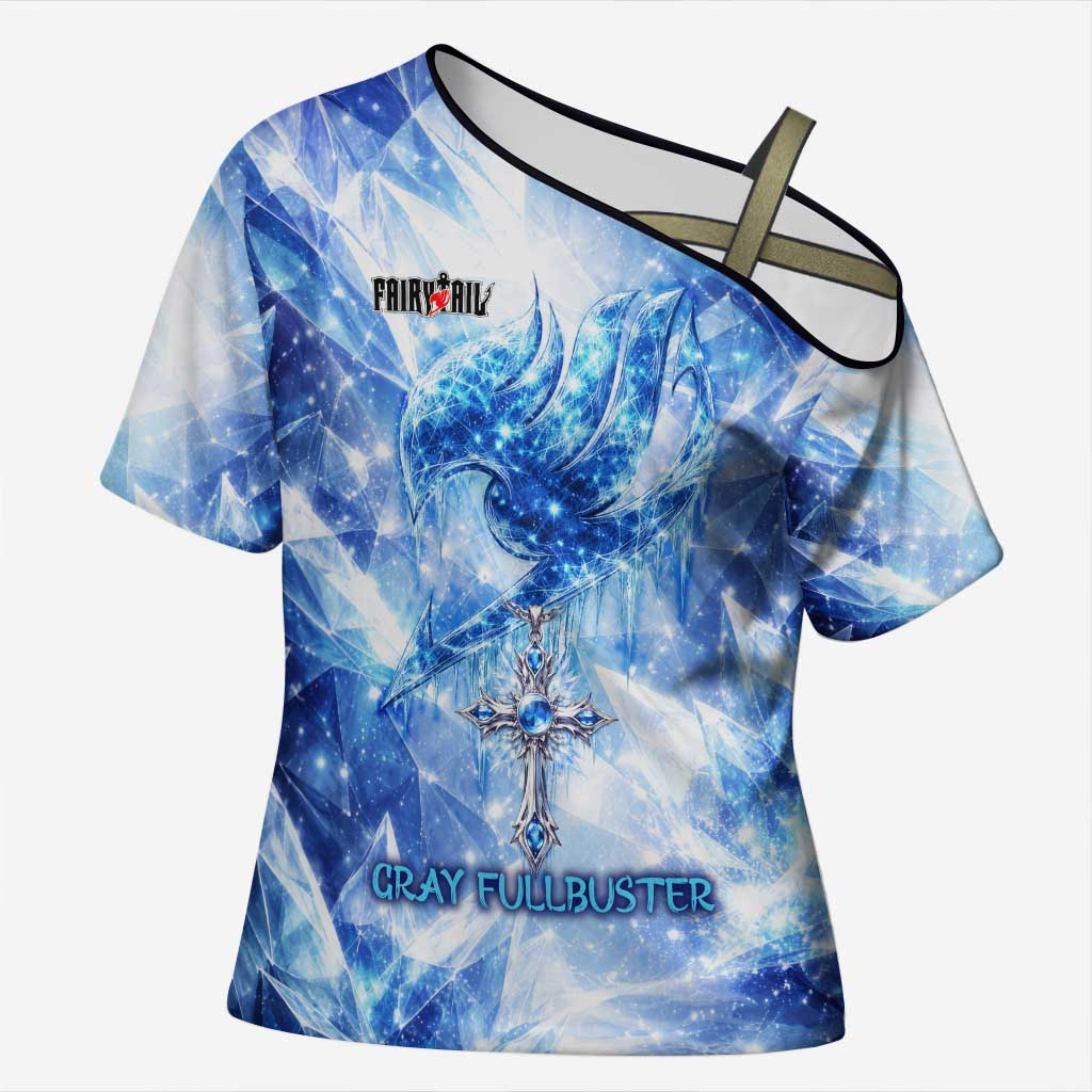 Gray Fullbuster Fairy Tail Cross Shoulder Shirt Ice Magic Anime Style with Crystal Freeze Motif