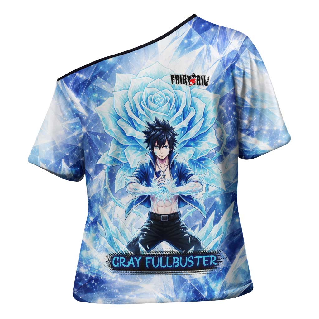 Gray Fullbuster Fairy Tail Cross Shoulder Shirt Ice Magic Anime Style with Crystal Freeze Motif