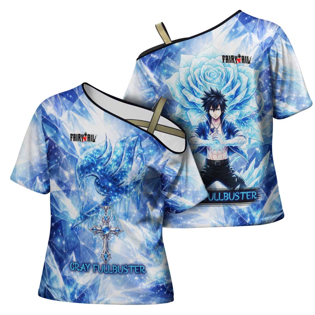 Gray Fullbuster Fairy Tail Cross Shoulder Shirt Ice Magic Anime Style with Crystal Freeze Motif