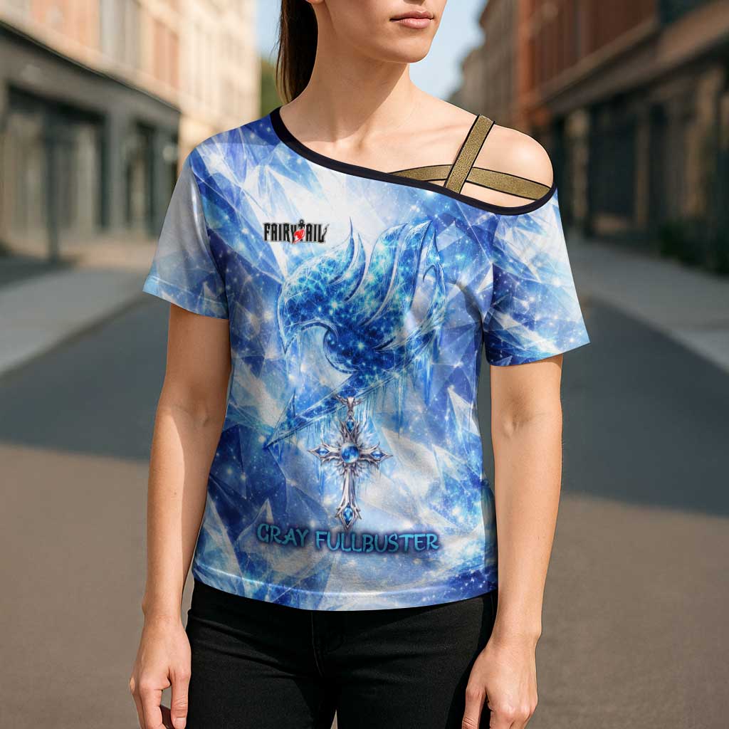 Gray Fullbuster Fairy Tail Cross Shoulder Shirt Ice Magic Anime Style with Crystal Freeze Motif
