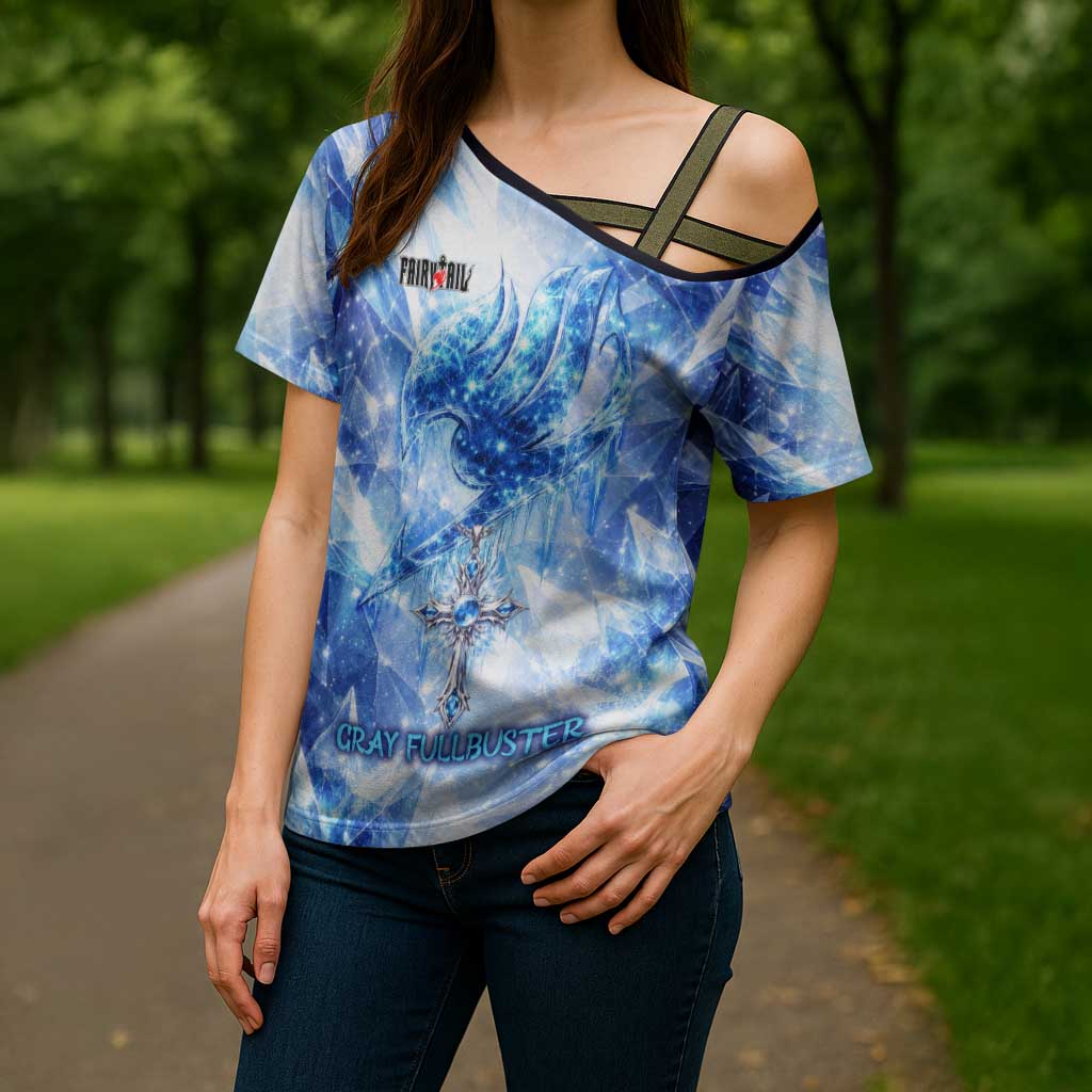 Gray Fullbuster Fairy Tail Cross Shoulder Shirt Ice Magic Anime Style with Crystal Freeze Motif