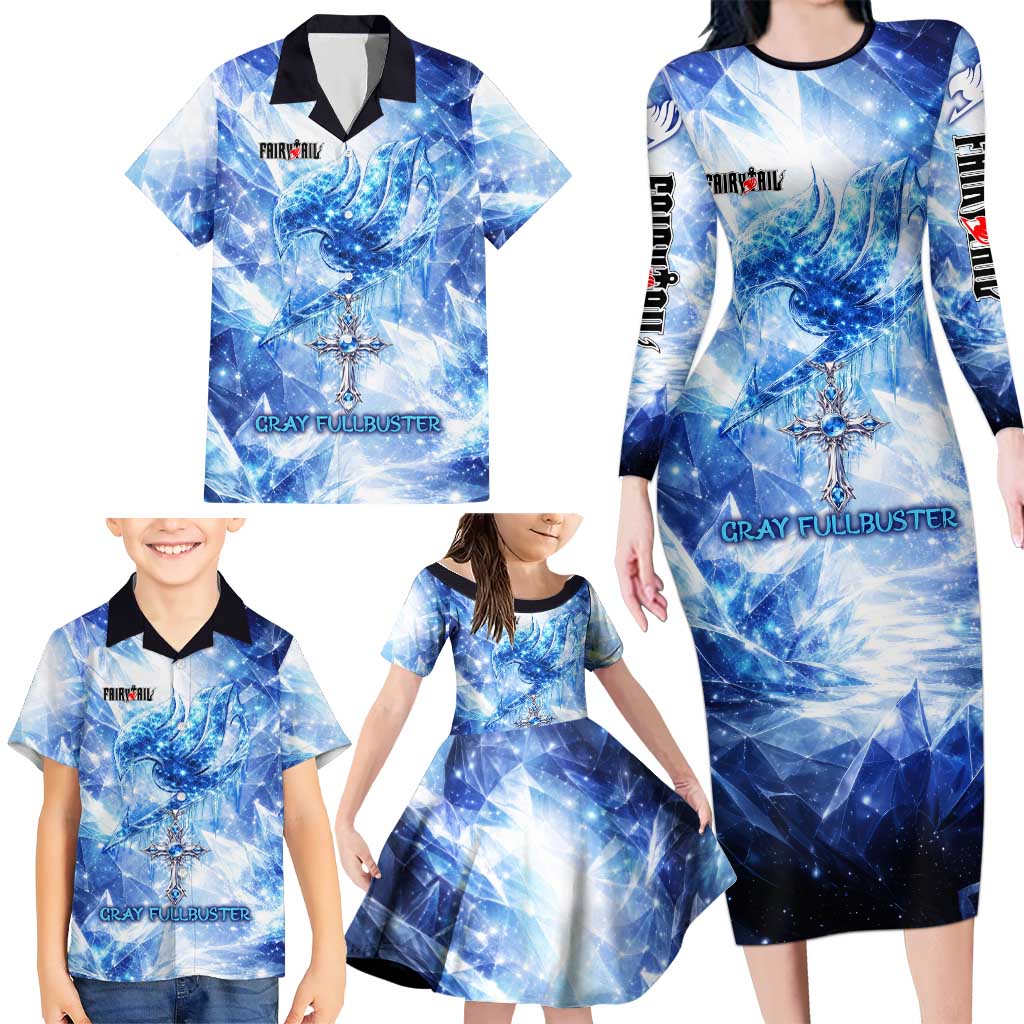 Gray Fullbuster Fairy Tail Family Matching Long Sleeve Bodycon Dress and Hawaiian Shirt Ice Magic Anime Style with Crystal Freeze Motif