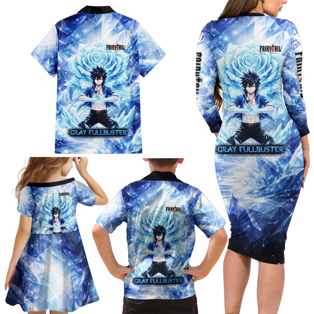 Gray Fullbuster Fairy Tail Family Matching Long Sleeve Bodycon Dress and Hawaiian Shirt Ice Magic Anime Style with Crystal Freeze Motif