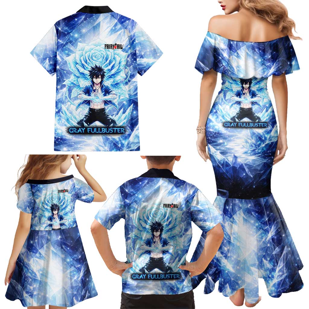 Gray Fullbuster Fairy Tail Family Matching Mermaid Dress and Hawaiian Shirt Ice Magic Anime Style with Crystal Freeze Motif