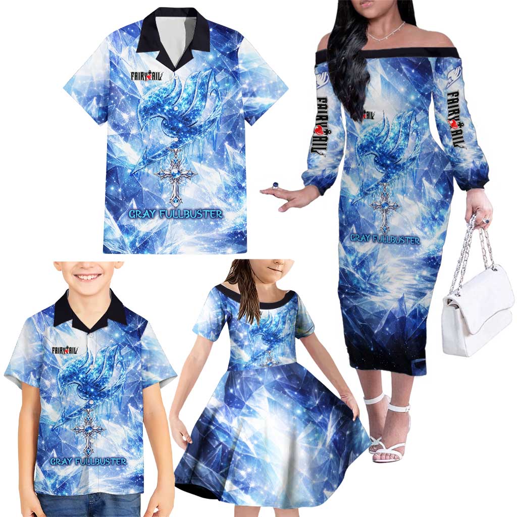 Gray Fullbuster Fairy Tail Family Matching Off The Shoulder Long Sleeve Dress and Hawaiian Shirt Ice Magic Anime Style with Crystal Freeze Motif
