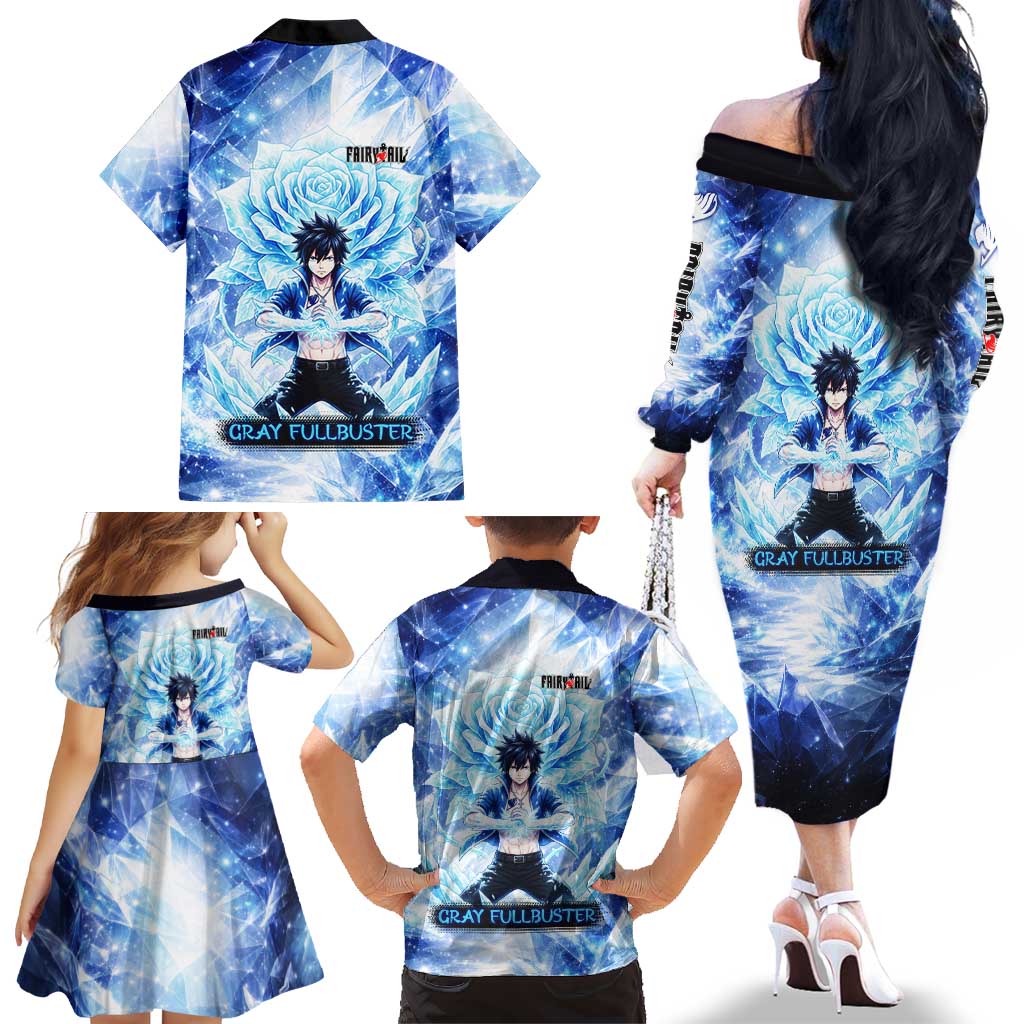 Gray Fullbuster Fairy Tail Family Matching Off The Shoulder Long Sleeve Dress and Hawaiian Shirt Ice Magic Anime Style with Crystal Freeze Motif