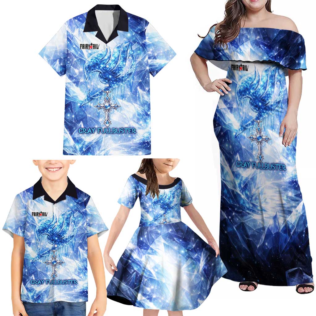 Gray Fullbuster Fairy Tail Family Matching Off Shoulder Maxi Dress and Hawaiian Shirt Ice Magic Anime Style with Crystal Freeze Motif