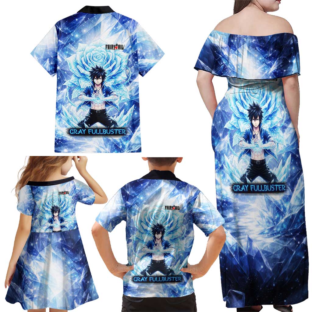 Gray Fullbuster Fairy Tail Family Matching Off Shoulder Maxi Dress and Hawaiian Shirt Ice Magic Anime Style with Crystal Freeze Motif