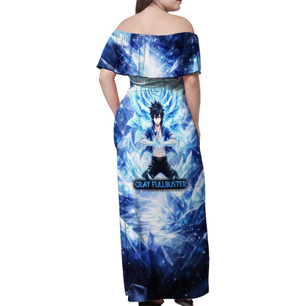 Gray Fullbuster Fairy Tail Family Matching Off Shoulder Maxi Dress and Hawaiian Shirt Ice Magic Anime Style with Crystal Freeze Motif