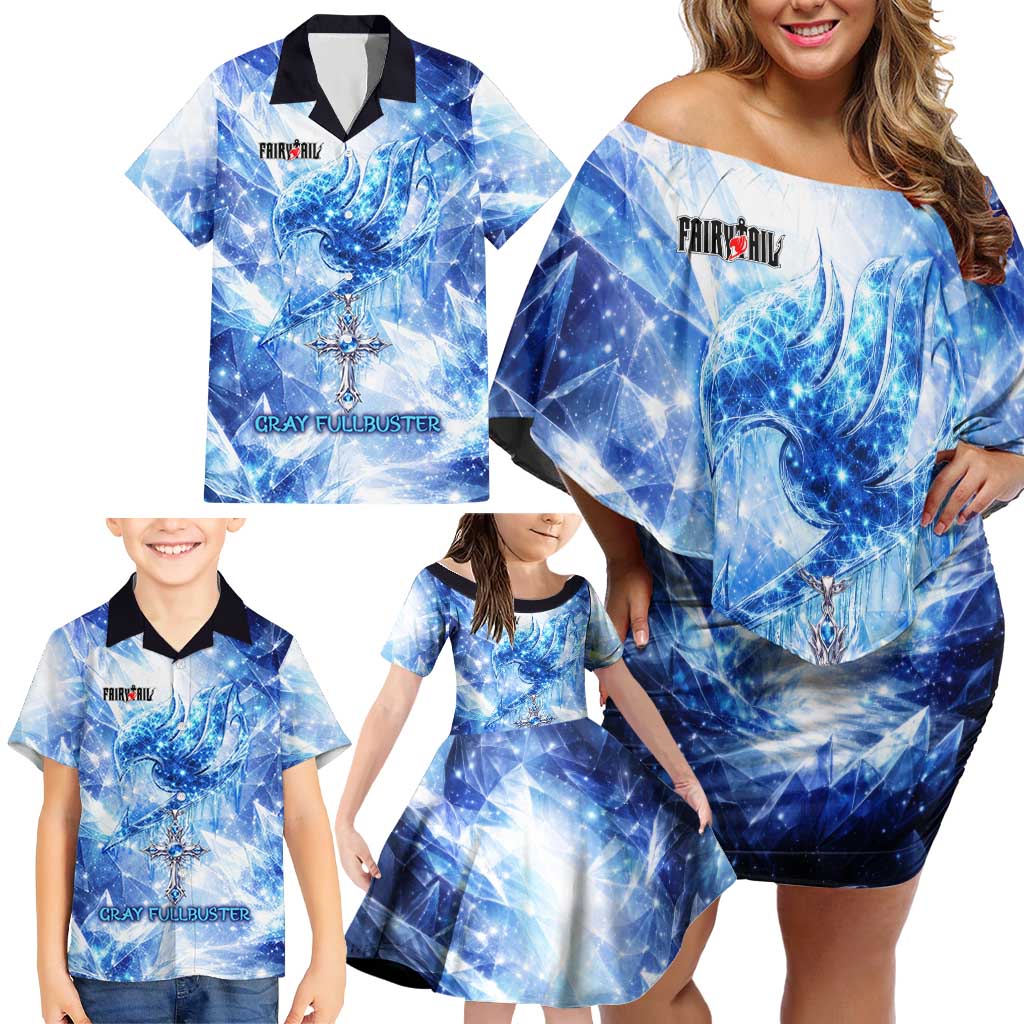Gray Fullbuster Fairy Tail Family Matching Off Shoulder Short Dress and Hawaiian Shirt Ice Magic Anime Style with Crystal Freeze Motif