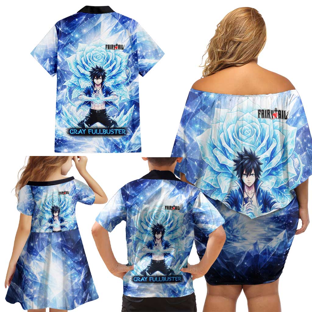 Gray Fullbuster Fairy Tail Family Matching Off Shoulder Short Dress and Hawaiian Shirt Ice Magic Anime Style with Crystal Freeze Motif
