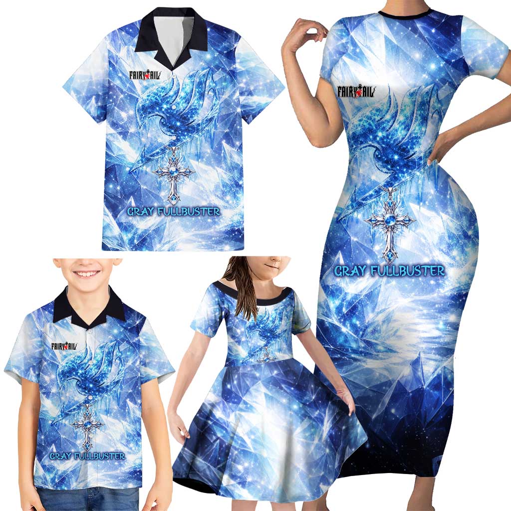 Gray Fullbuster Fairy Tail Family Matching Short Sleeve Bodycon Dress and Hawaiian Shirt Ice Magic Anime Style with Crystal Freeze Motif