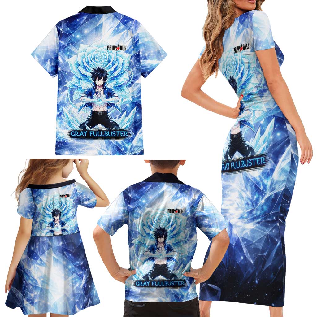 Gray Fullbuster Fairy Tail Family Matching Short Sleeve Bodycon Dress and Hawaiian Shirt Ice Magic Anime Style with Crystal Freeze Motif