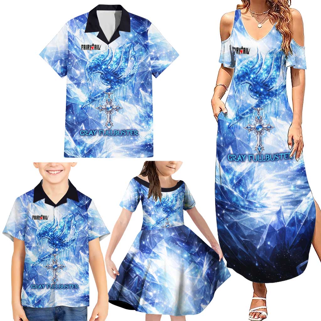 Gray Fullbuster Fairy Tail Family Matching Summer Maxi Dress and Hawaiian Shirt Ice Magic Anime Style with Crystal Freeze Motif