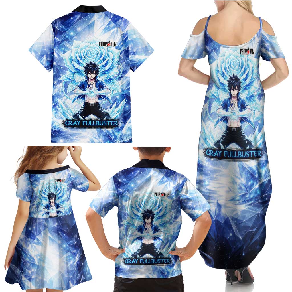 Gray Fullbuster Fairy Tail Family Matching Summer Maxi Dress and Hawaiian Shirt Ice Magic Anime Style with Crystal Freeze Motif