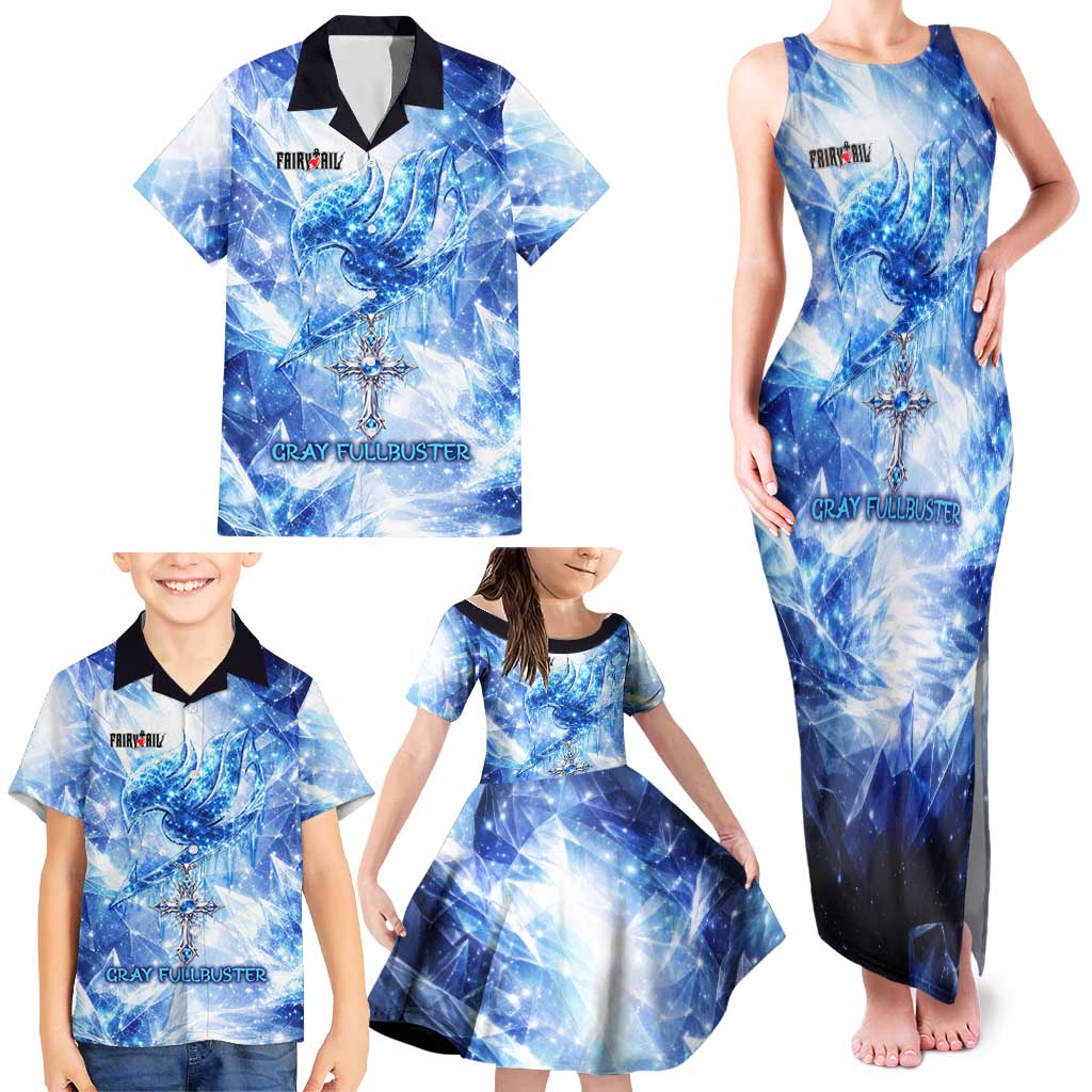 Gray Fullbuster Fairy Tail Family Matching Tank Maxi Dress and Hawaiian Shirt Ice Magic Anime Style with Crystal Freeze Motif