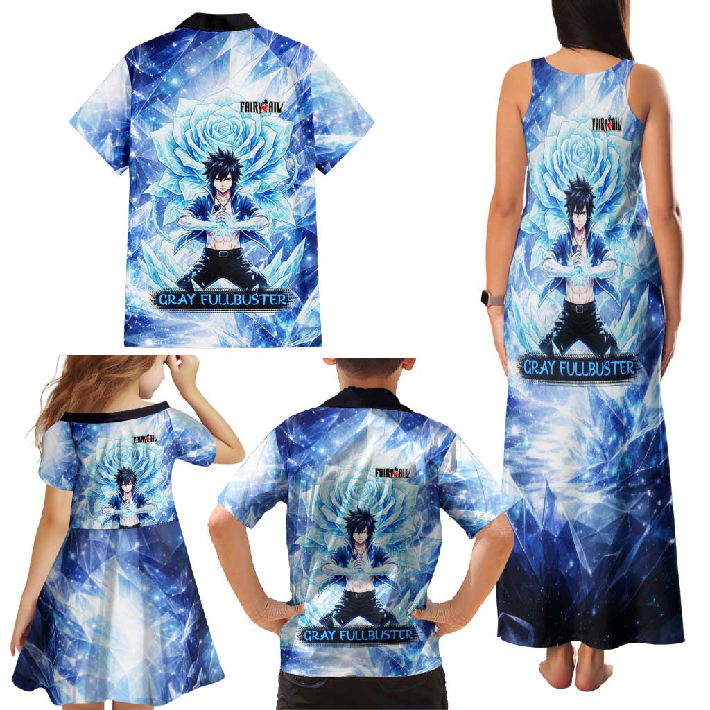Gray Fullbuster Fairy Tail Family Matching Tank Maxi Dress and Hawaiian Shirt Ice Magic Anime Style with Crystal Freeze Motif