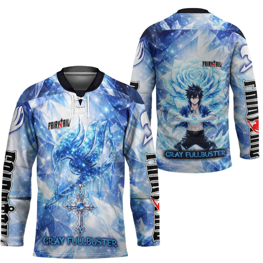 Gray Fullbuster Fairy Tail Hockey Jersey Ice Magic Anime Style with Crystal Freeze Motif