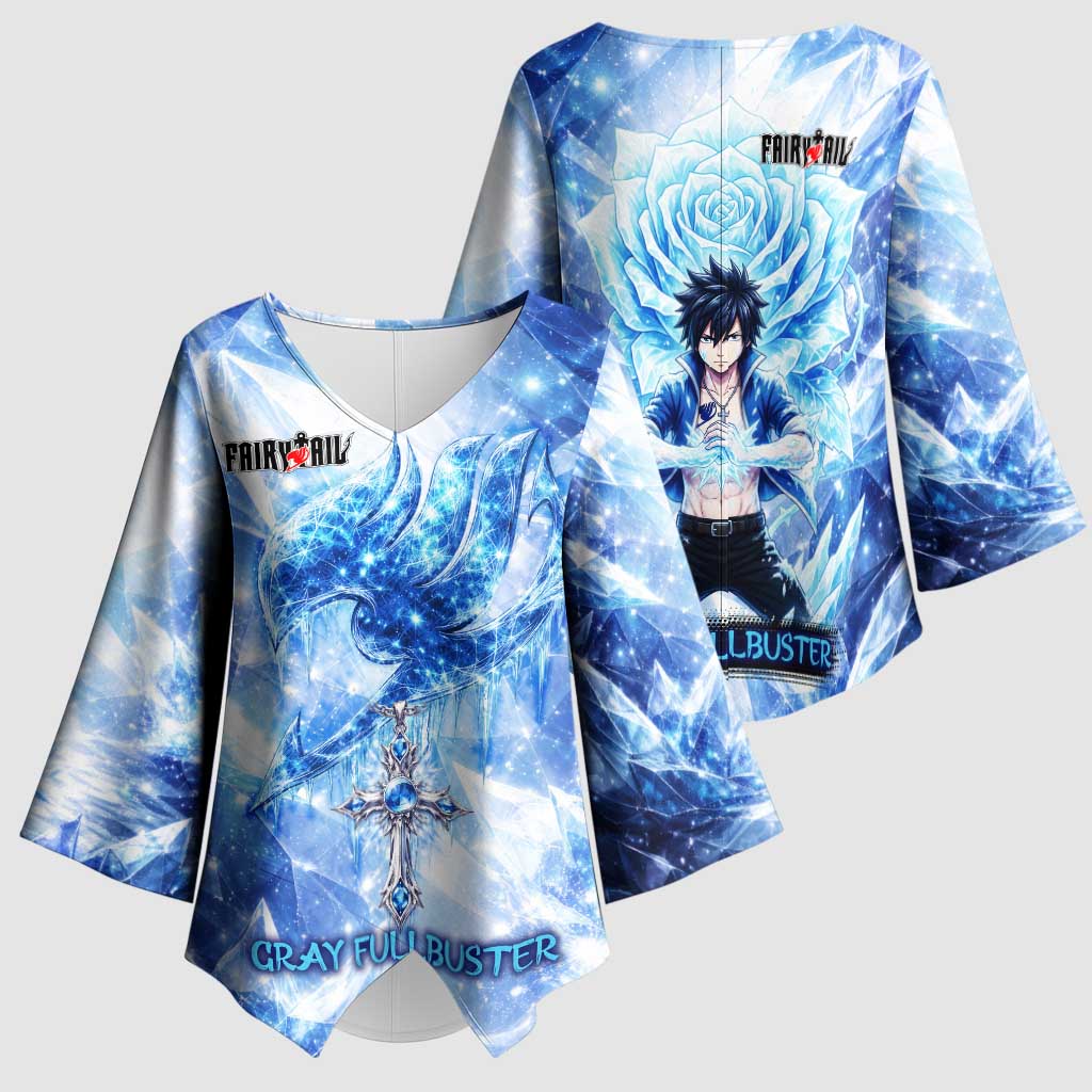 Gray Fullbuster Fairy Tail Kimono Sleeve Blouse Ice Magic Anime Style with Crystal Freeze Motif