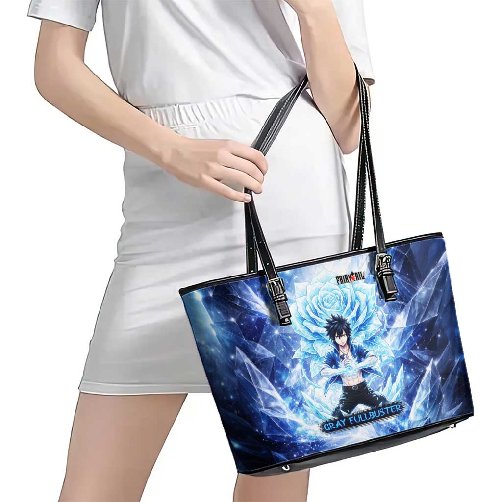 Gray Fullbuster Fairy Tail Leather Tote Bag Ice Magic Anime Style with Crystal Freeze Motif