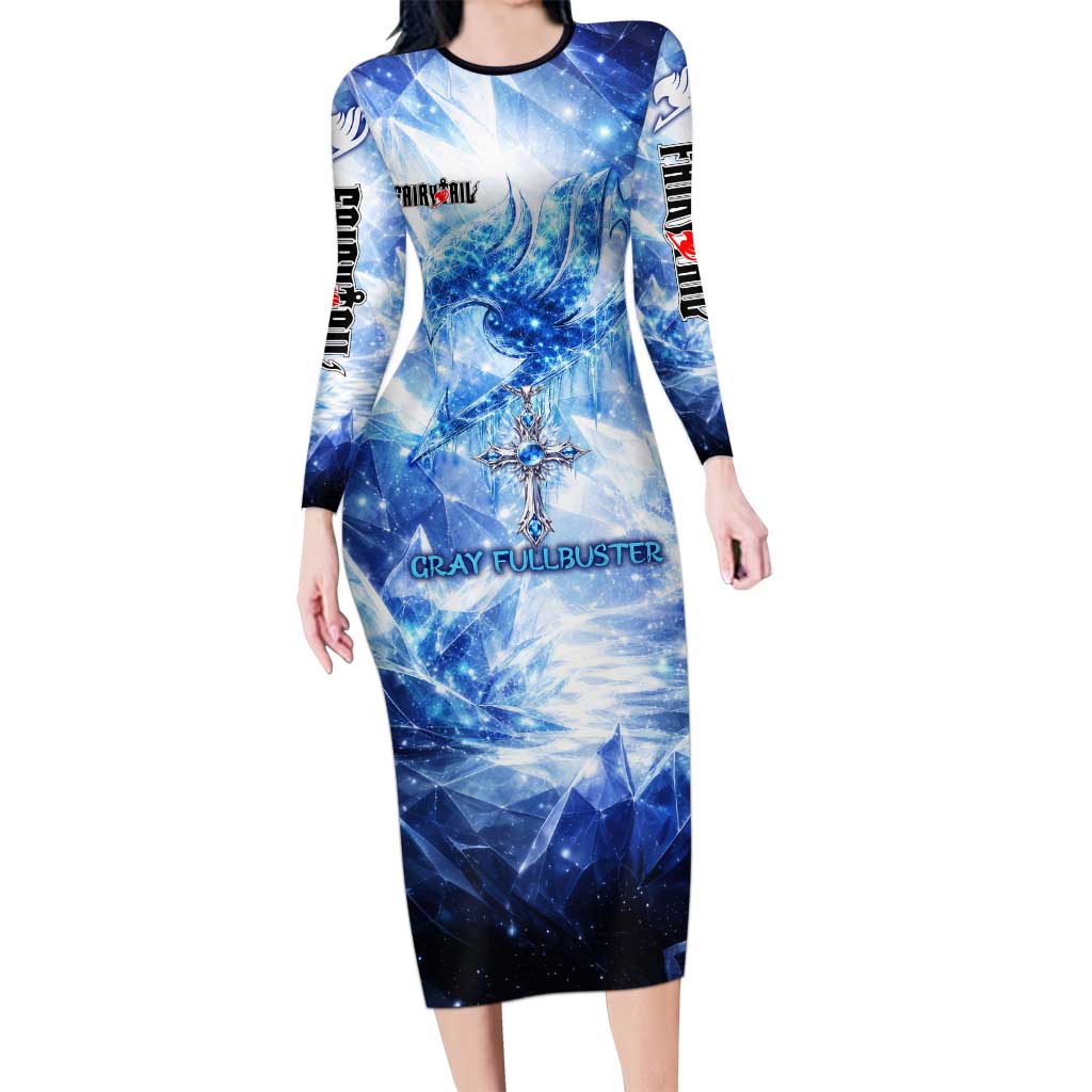 Gray Fullbuster Fairy Tail Long Sleeve Bodycon Dress Ice Magic Anime Style with Crystal Freeze Motif